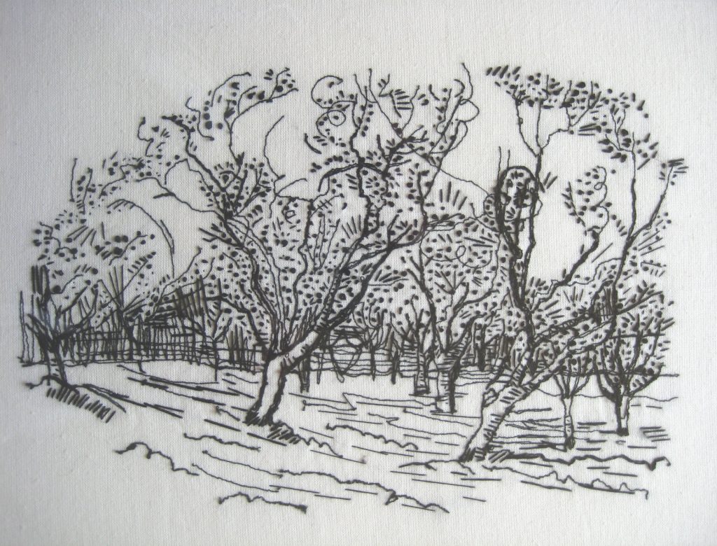 Free machining and hand embroidery image of a summer mature apple orchard in a single dark thread on white backdrop.